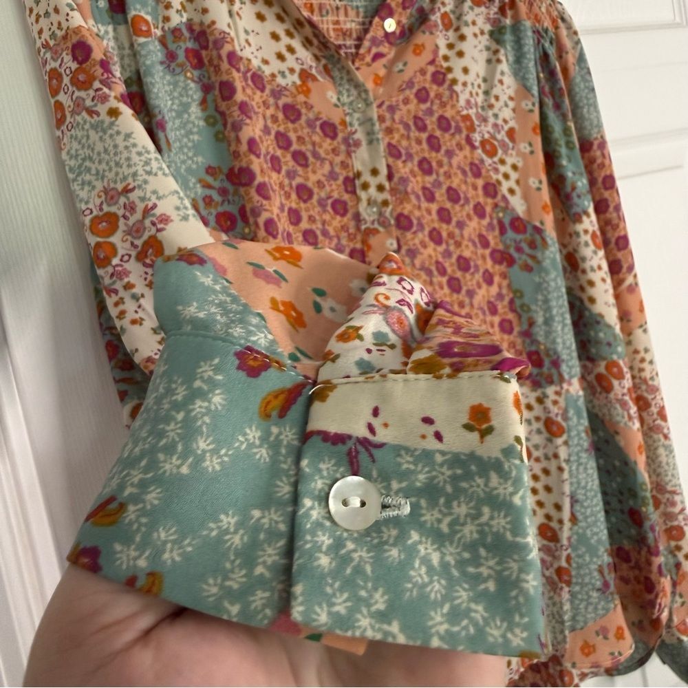 Rose & Olive Multicolor Floral Patchwork Blouse with Ruffles Size Large - Picture 5 of 6